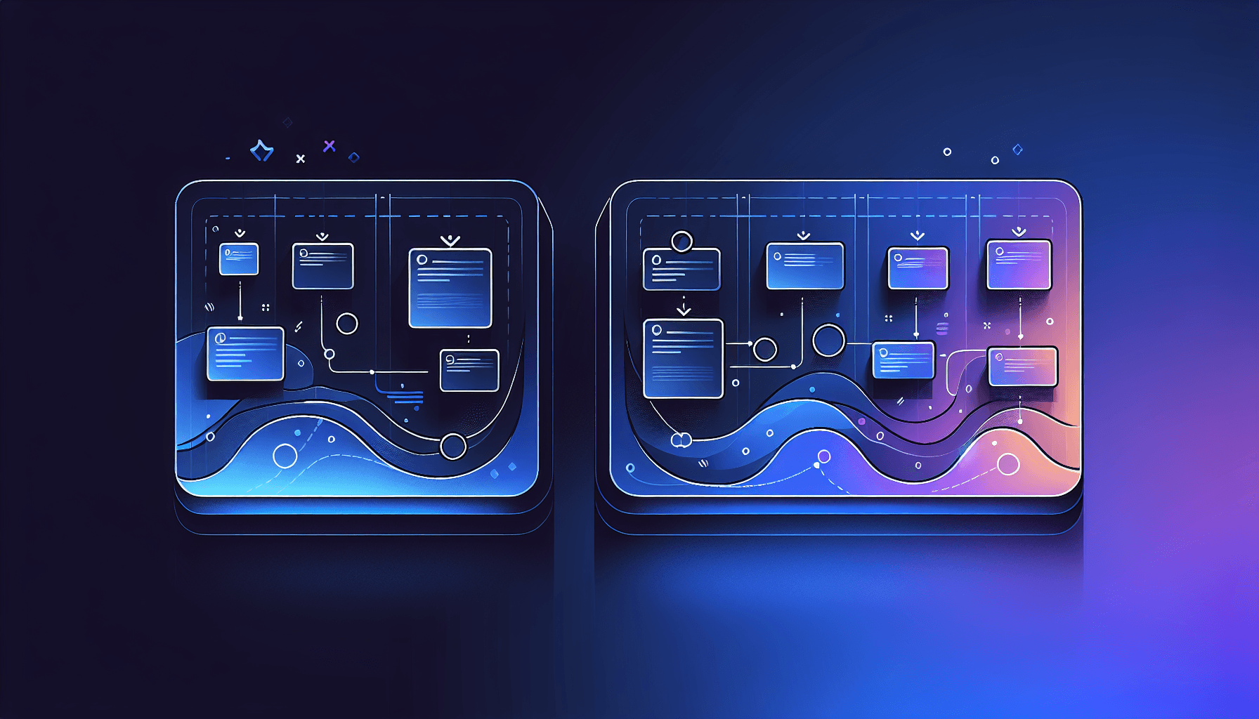 Twee abstracte kanban boards naast elkaar met zwevende taakkaarten in blauw-paarse tinten