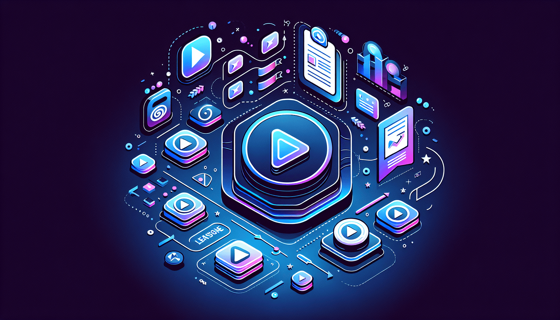 Abstracte illustratie met play buttons, certificaten en lesstroomdiagrammen voor cursusplatformen vergelijking