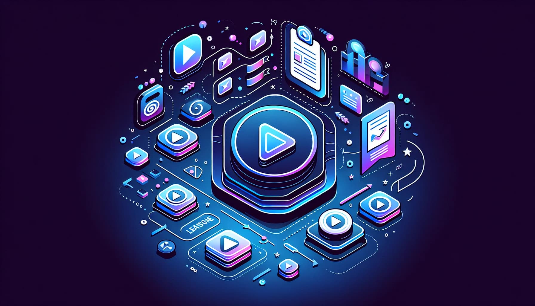 Abstracte illustratie met play buttons, certificaten en lesstroomdiagrammen voor cursusplatformen vergelijking