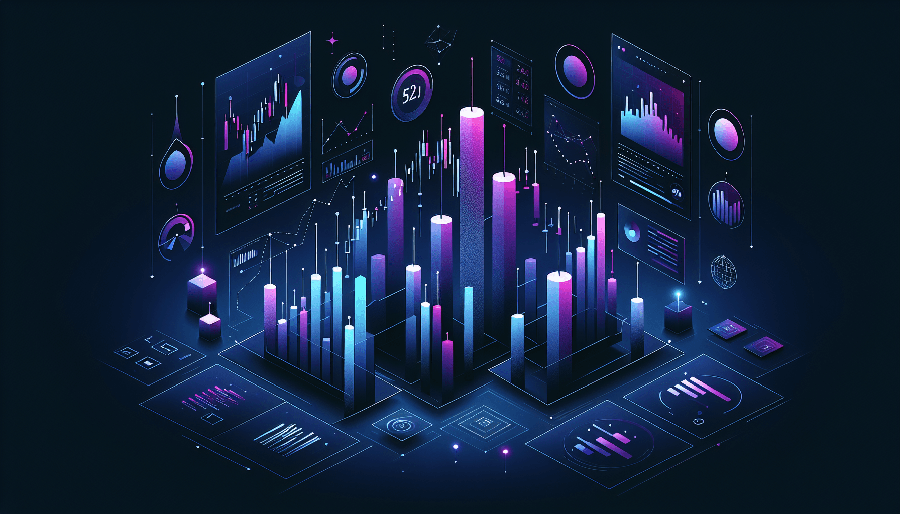 Abstracte candlestick grafieken en trading dashboard elementen met blauw-paarse kleuren op donkere achtergrond