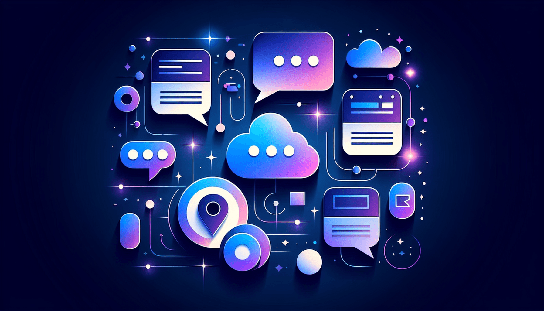 Chat bubbels en support ticket iconen in blauwe en paarse kleurverlopen voor helpdesk software vergelijking
