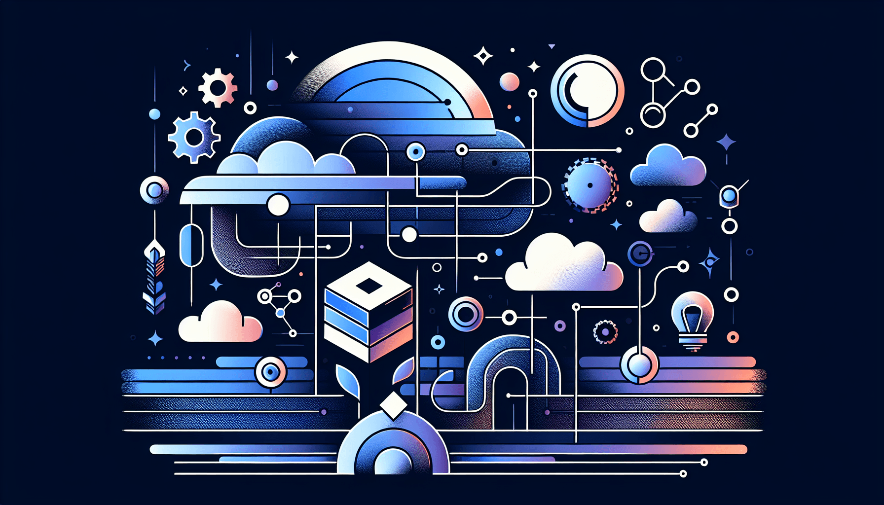 Abstracte productiviteitstools en workflow connectoren in blauwe gradiënten op donkere achtergrond