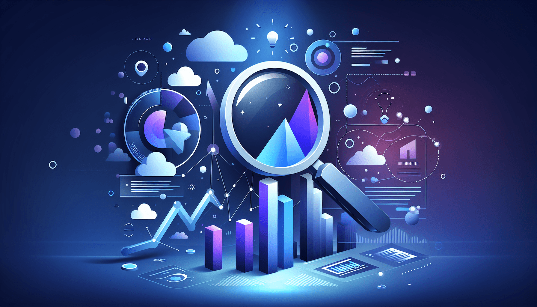 Vergrootglas over SEO dashboards met stijgende grafieken en keyword wolken op donkere achtergrond