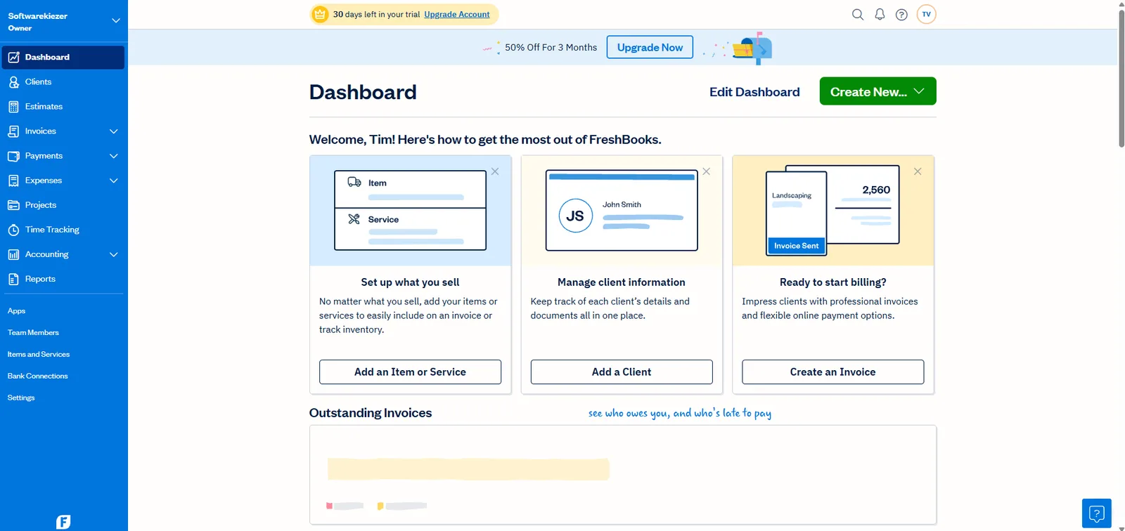 FreshBooks dashboard, screenshot 28 juli 2026