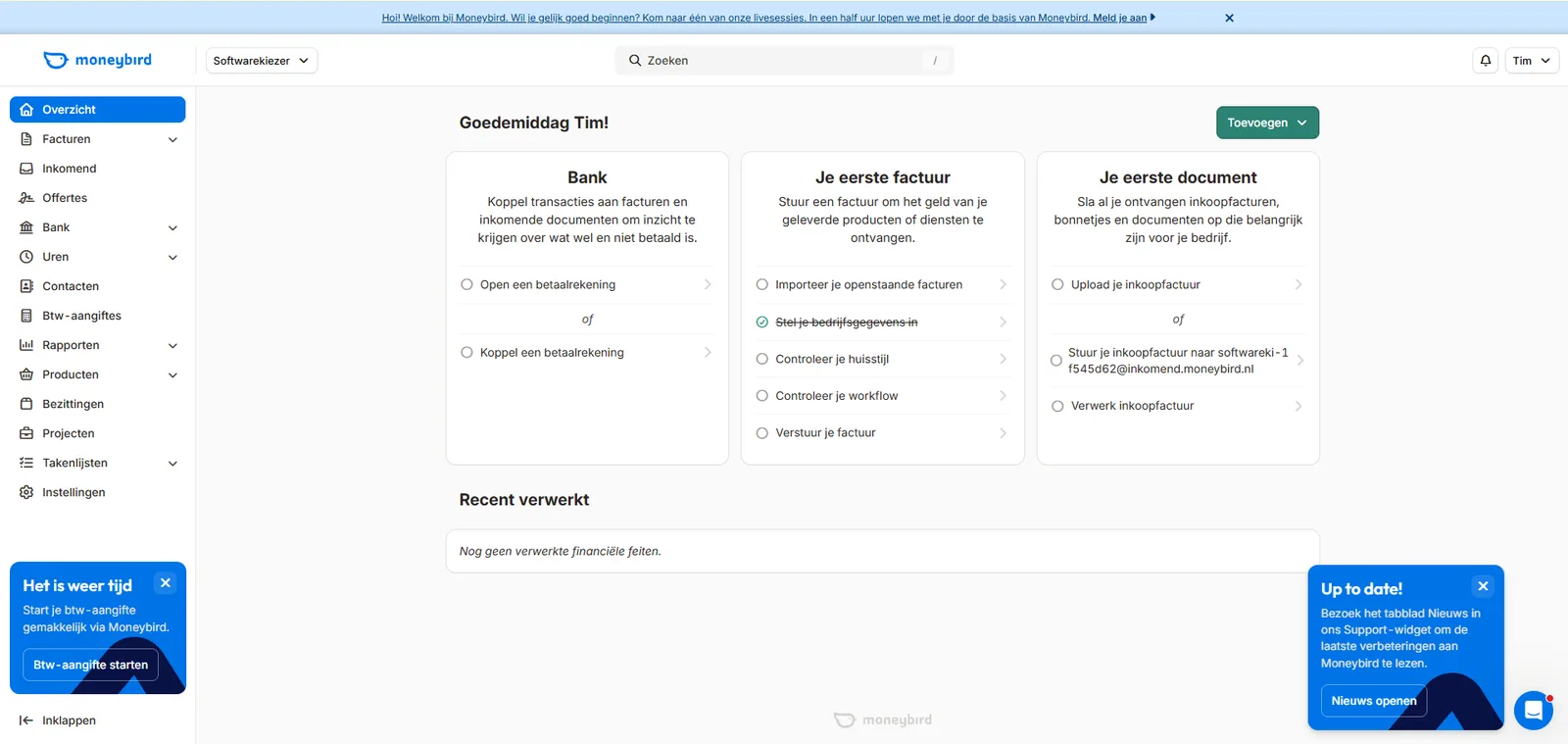 Moneybird dashboard, screenshot 28 juli 2026