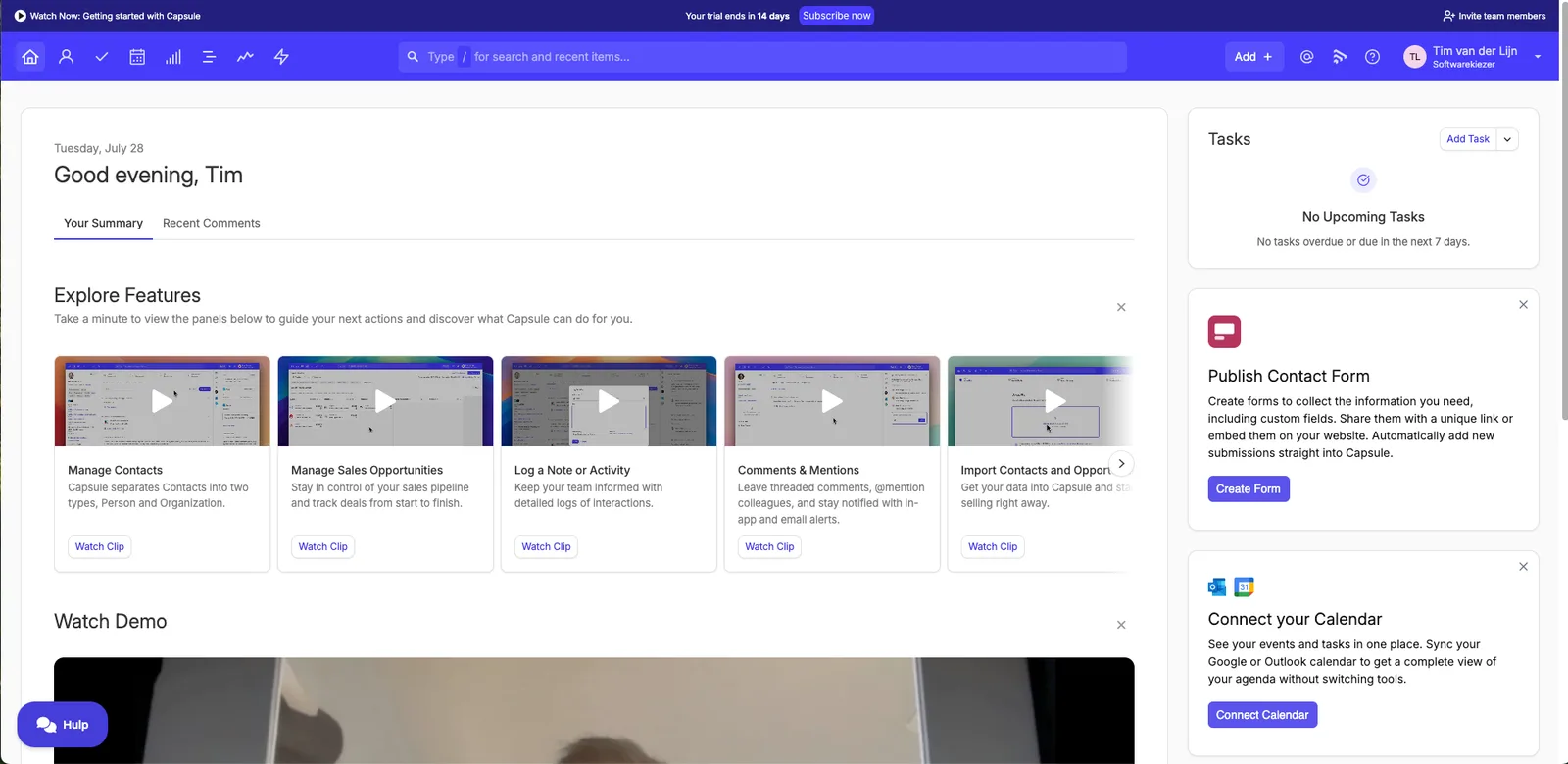 Capsule CRM dashboard, screenshot 28 juli 2026