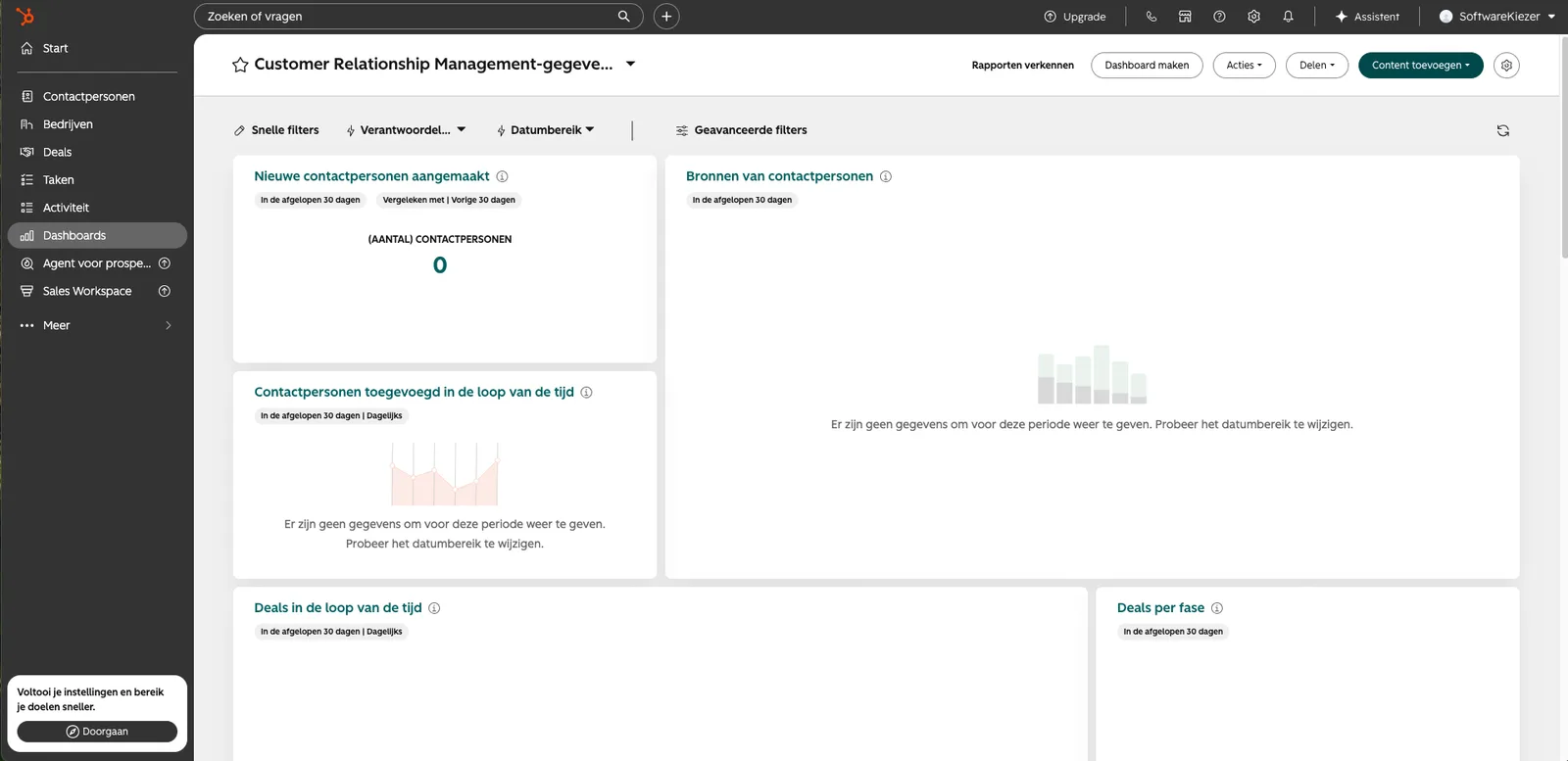 HubSpot CRM dashboard, screenshot 28 juli 2026