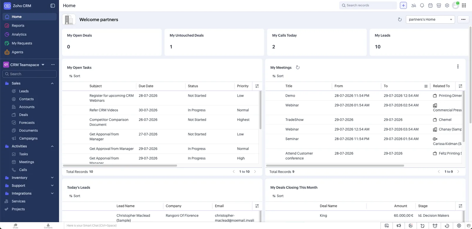 Zoho CRM dashboard, screenshot 28 juli 2026