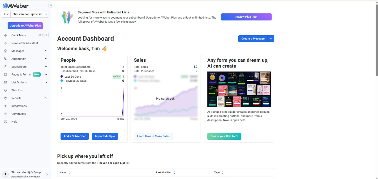 AWeber dashboard, screenshot 28 juli 2026