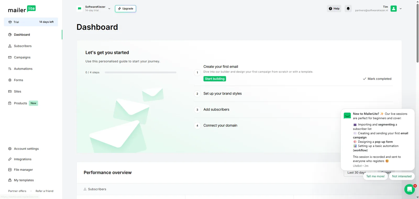 MailerLite dashboard, screenshot 28 juli 2026