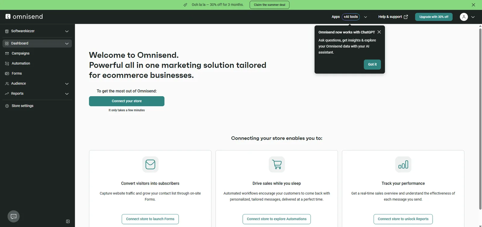 Omnisend dashboard, screenshot 28 juli 2026