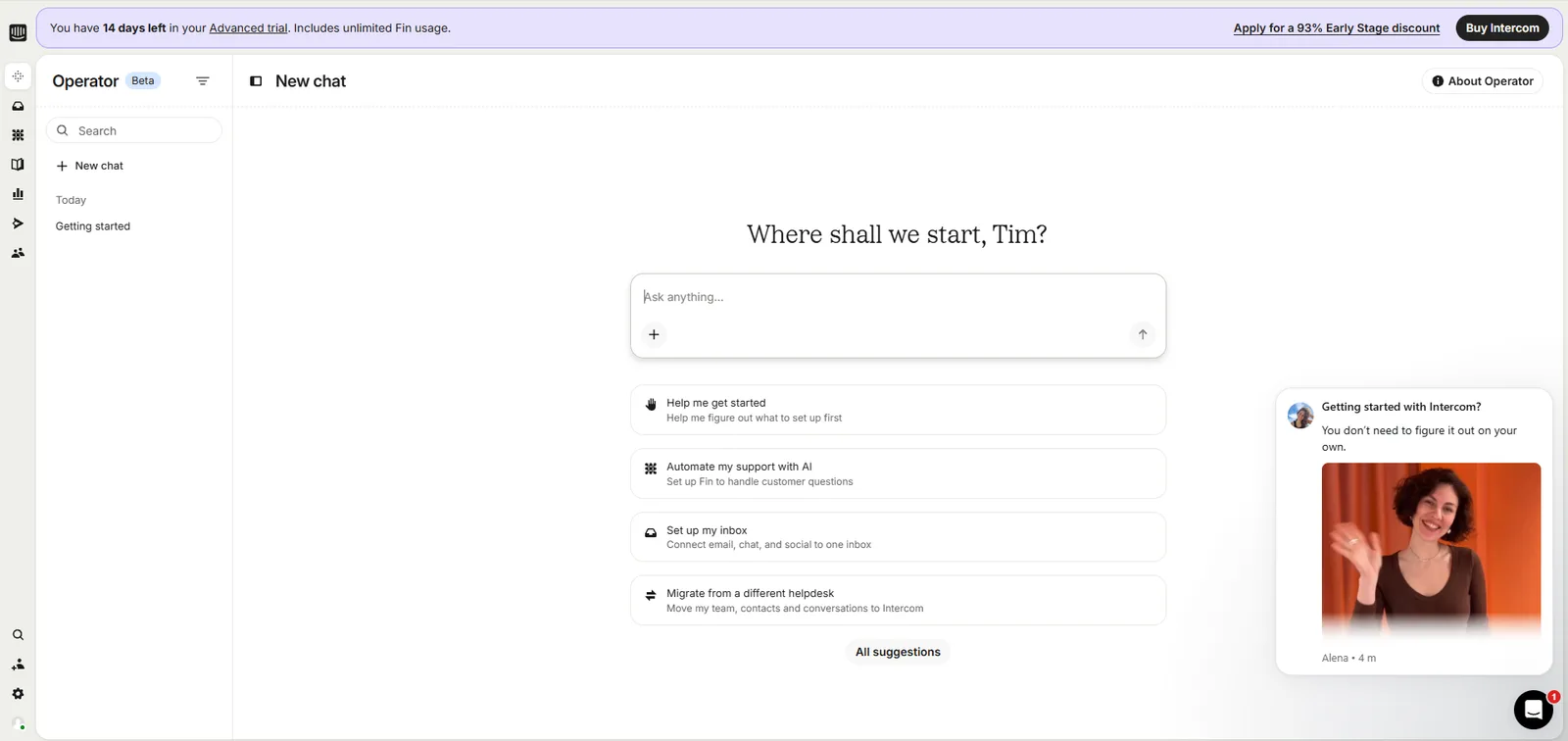 Intercom dashboard, screenshot 30 juli 2026