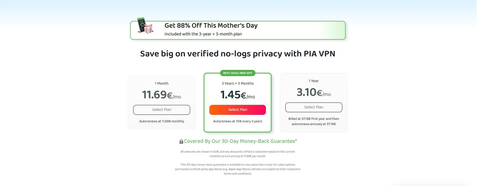 Private Internet Access pricing-overzicht, screenshot 2026-05-13