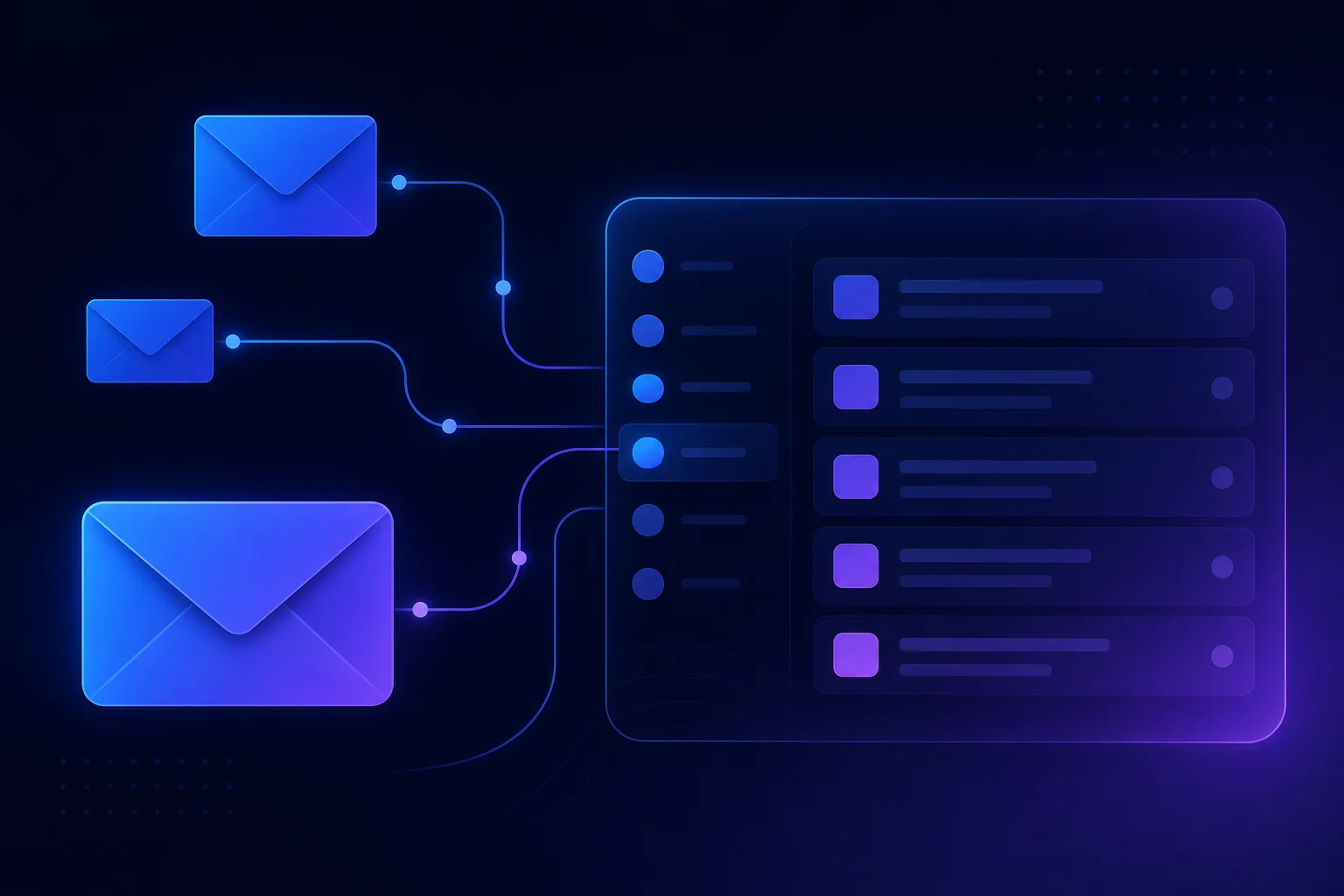 Visualisatie van email marketing flows en inbox structuren Abstracte envelop- en inbox-vormen verbonden door gloeiende blauw-paarse flowlijnen tegen donkere achtergrond
