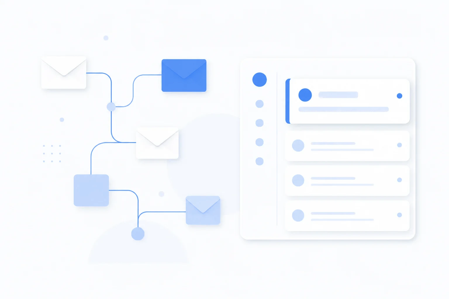Visualisatie van email marketing flows en inbox structuur Abstracte envelop- en inboxvormen verbonden door flowlijnen als symbool voor email marketing tips