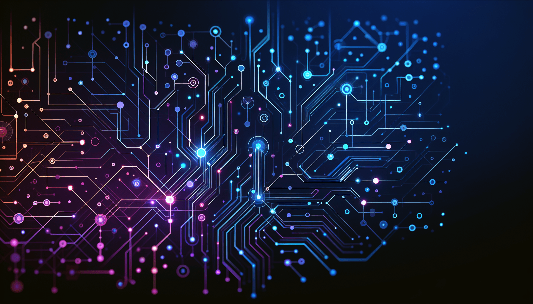 Visuele weergave van AI-netwerk knooppunten en verbindingen Abstract neurale netwerk knooppunten met gloeiende verbindingen in blauw-paarse gradiënt voor ChatGPT alternatieven