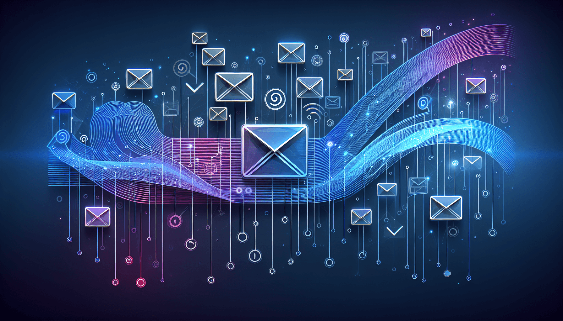 Email marketing visualisatie voor ActiveCampaign software review Abstracte enveloppen verbonden door flow diagrammen voor ActiveCampaign email marketing review