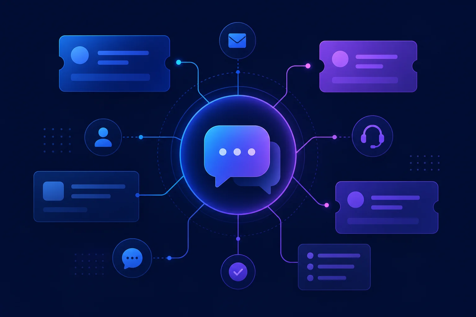 AI Act en de impact op chatbot-gestuurde helpdesksystemen Abstracte chatbubbels en supportticket-iconen verbonden door lijnen, symbool voor AI-regulering in helpdesksoftware