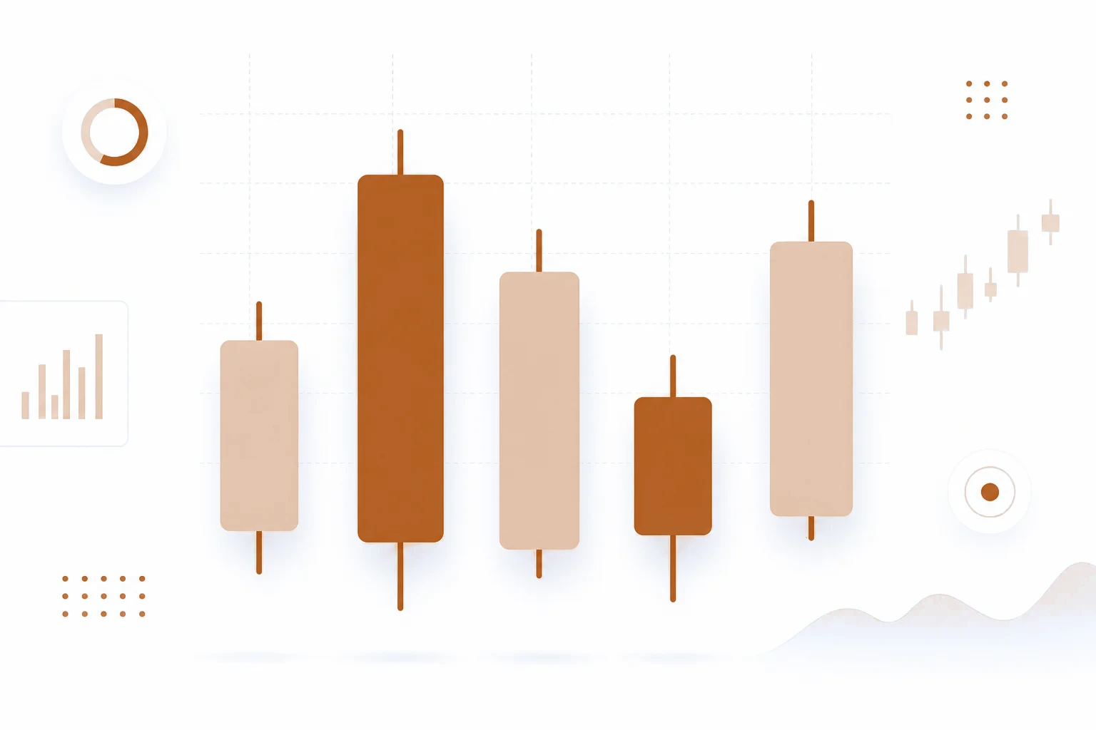 Vergelijking crypto brokers in candlestick-grafieken Vijf abstracte candlestick-grafieken naast elkaar als visuele vergelijking van crypto brokers