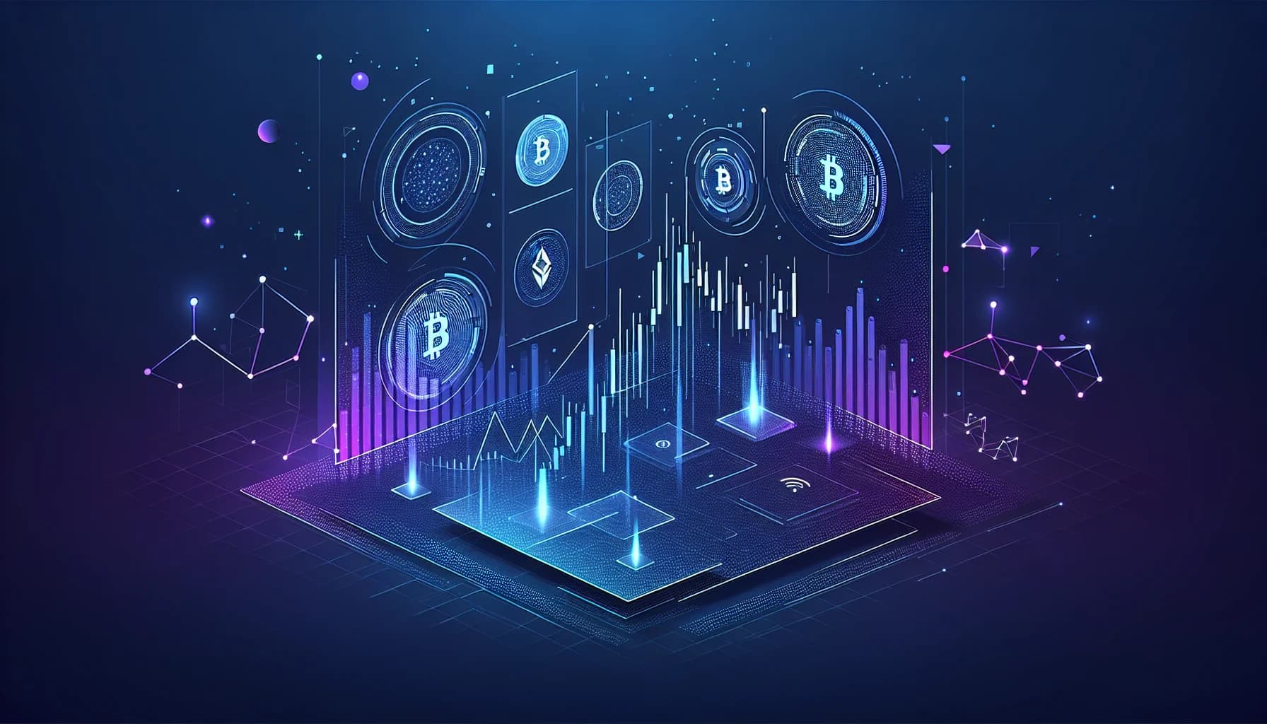 Crypto broker vergelijking Nederland 2026 - Trading interface visualis Abstract crypto trading interface met candlestick grafieken en holografische datapanelen in blauw-paars kleurverloop