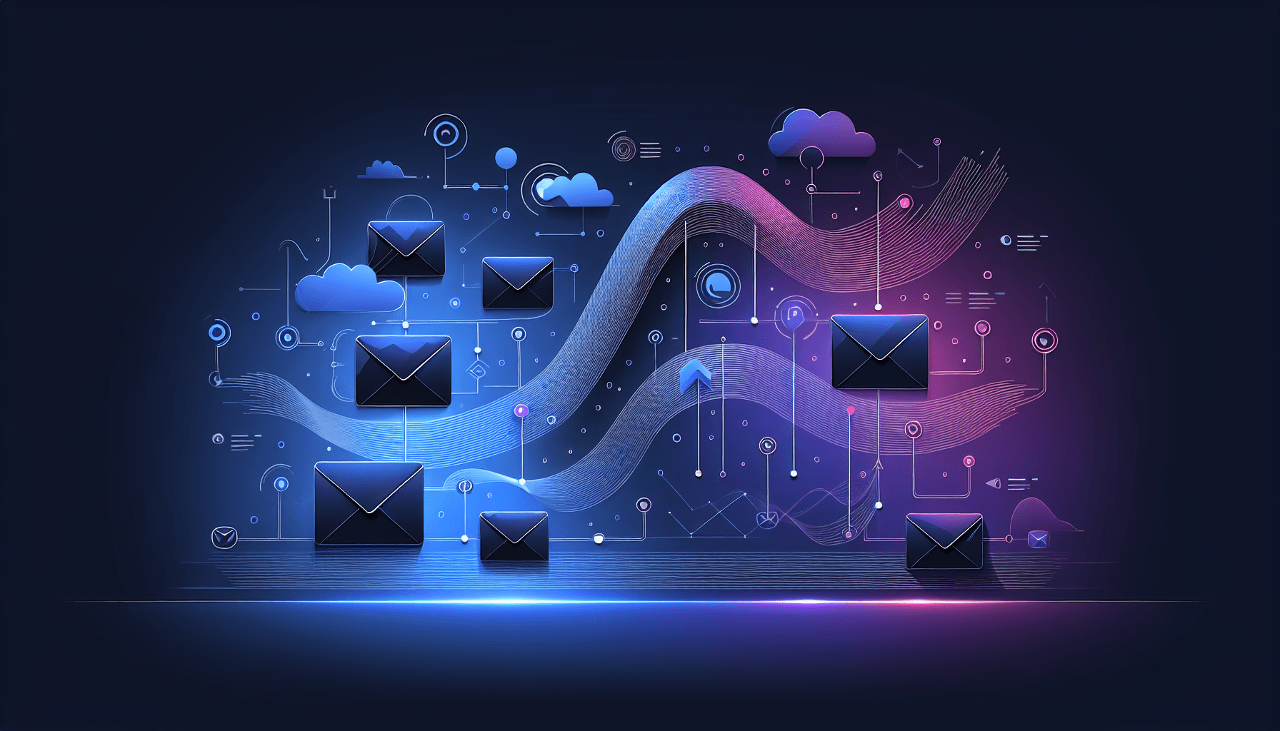 Email marketing platforms vergelijking illustratie 2026 Abstract illustratie van email enveloppen verbonden door flow diagrammen voor email marketing tools vergelijking
