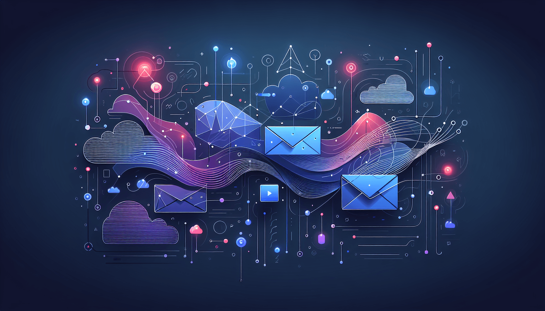 Visuele weergave van email marketing tools vergelijking 2026 Abstracte enveloppen verbonden door geometrische stroomdiagrammen voor email marketing tools vergelijking