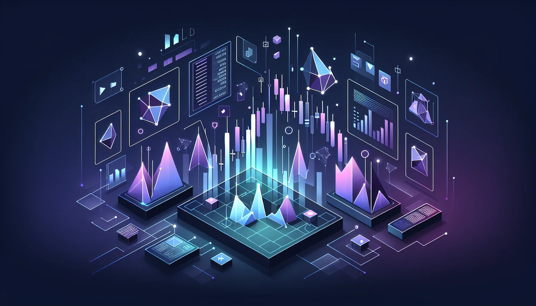 Visualisatie ETF trading interface voor broker vergelijking Nederland Abstract trading dashboard met ETF grafieken en candlestick patronen in blauw-paarse kleuren op donkere achtergrond