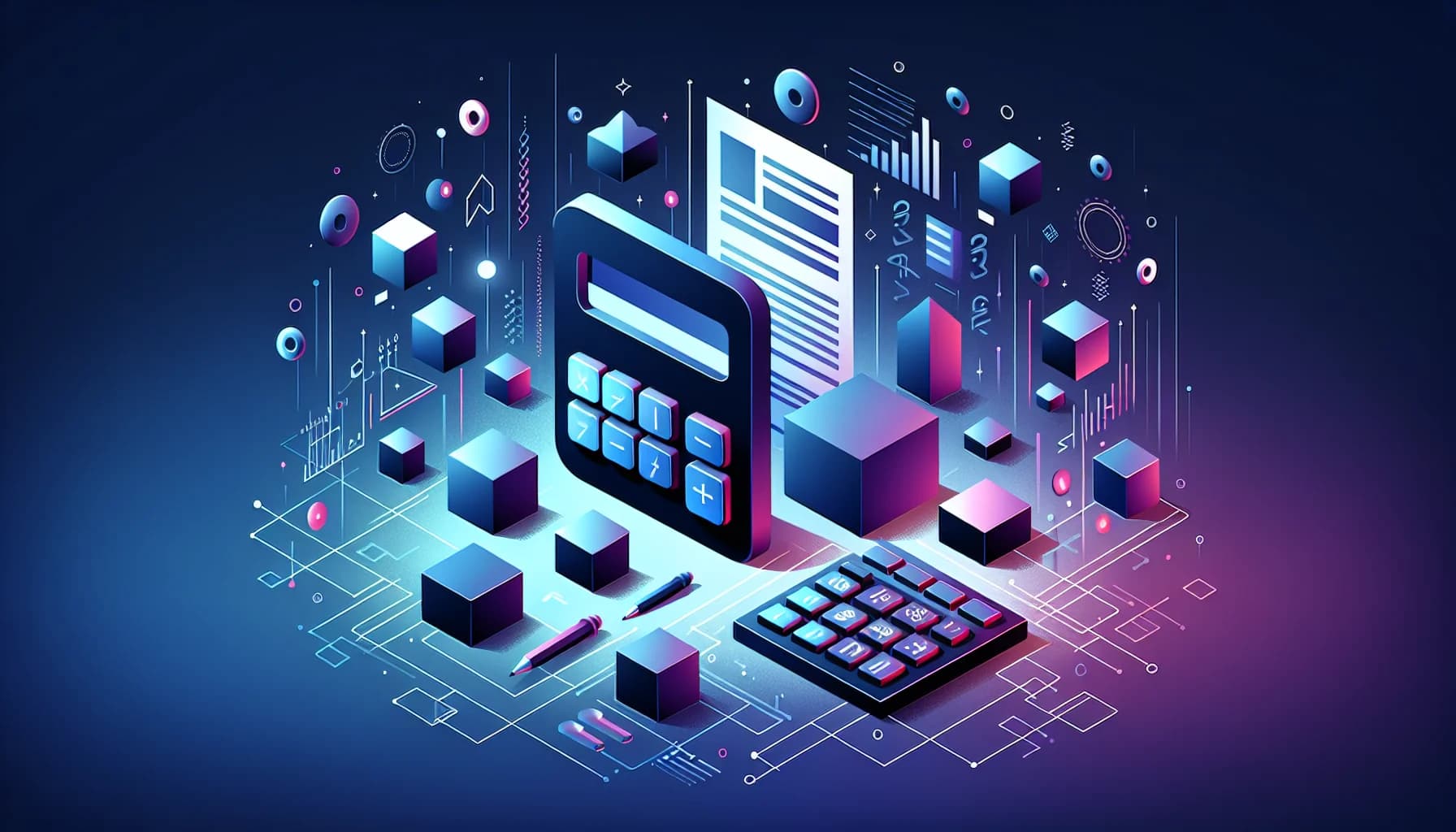 Visuele representatie van Nederlandse boekhoudsoftware alternatieven Abstracte illustratie met rekenmachine vormen en factuur documenten voor Moneybird alternatieven vergelijking