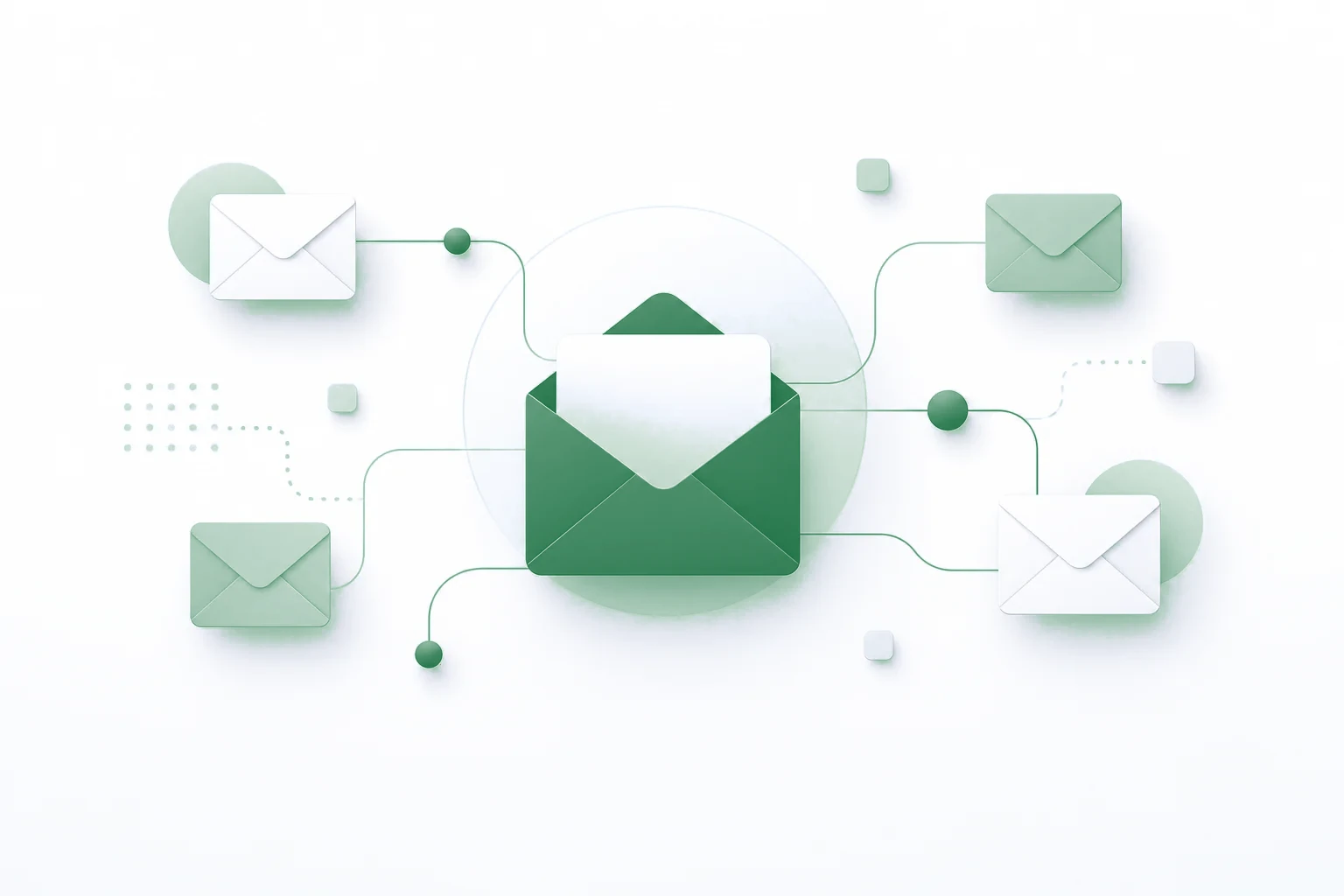 Visualisatie van e-mailflows tussen envelopiconen Abstracte envelop-iconen verbonden door lijnen, symbool voor newsletter software en e-mailstromen