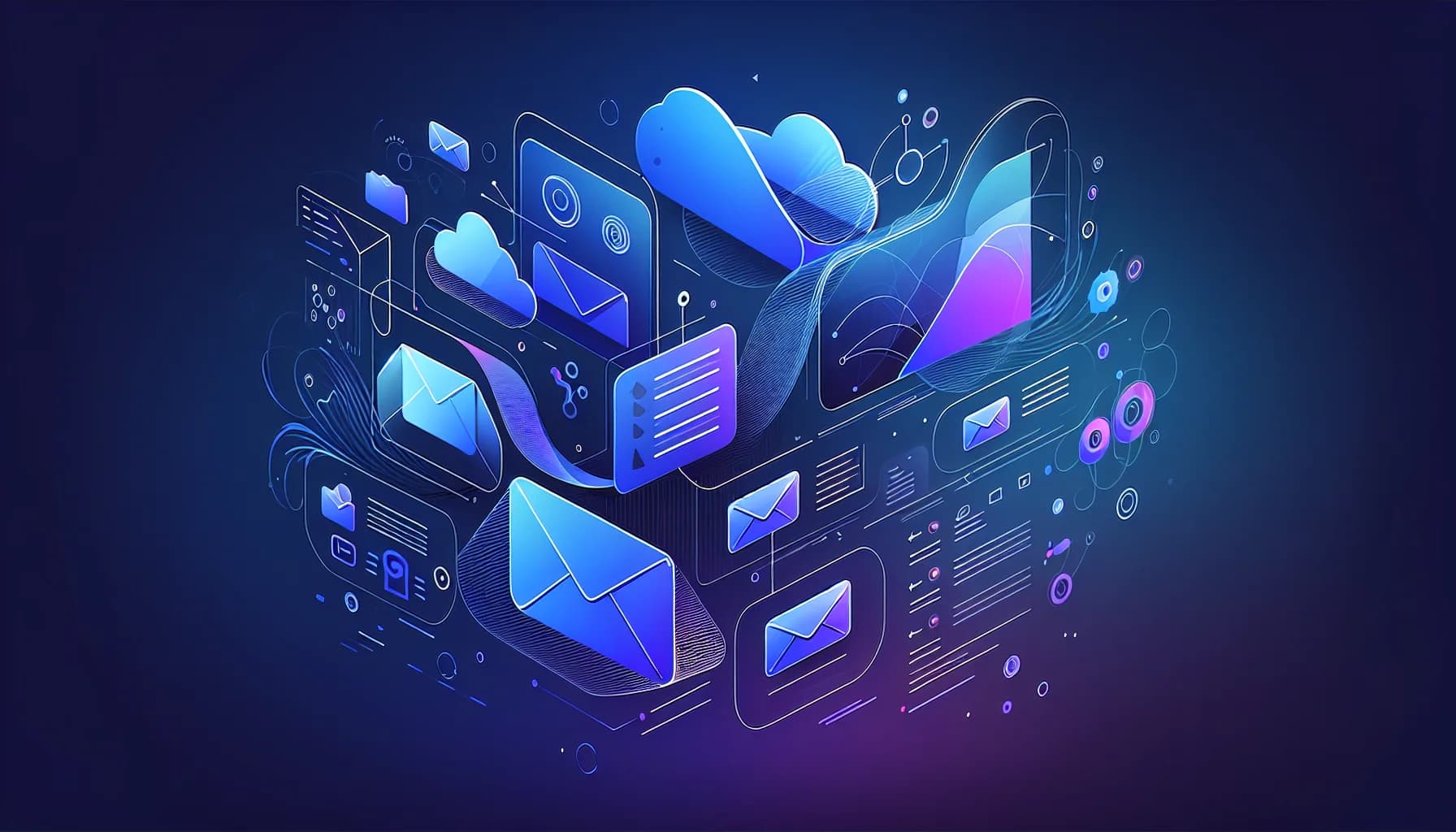 Visuele weergave van newsletter software tools en email marketing Abstract illustratie van enveloppen die door digitale interface elementen stromen, newsletter software vergelijking