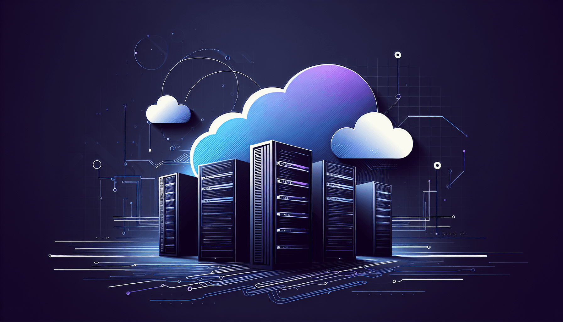 Nederlandse webhosting providers vergelijking 2026 illustratie Abstracte serverracks en cloud vormen met data stromen in blauw-paarse kleuren voor webhosting vergelijking