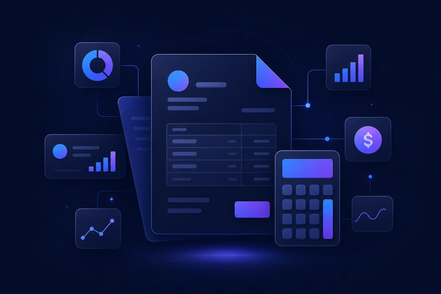 Boekhouden voor eenmanszaken: overzicht software-opties Abstracte factuurdocumenten en rekenmachine-iconen in blauw-paarse gradient tegen donkere achtergrond