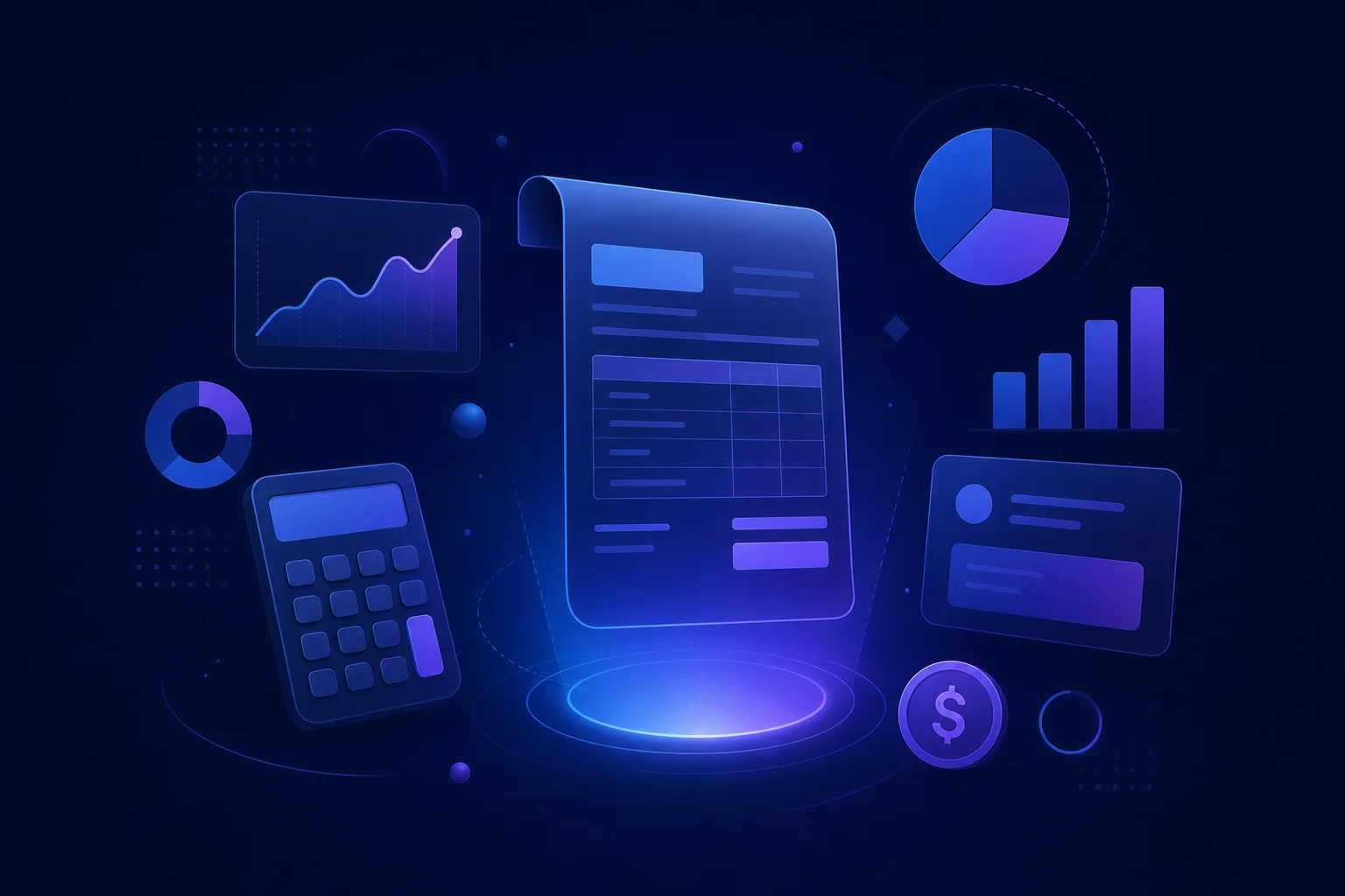 Vergelijking boekhoudsoftware alternatieven Abstracte illustratie met factuurvormen, rekenmachine-iconen en financiële symbolen in blauw-paarse gradiënt