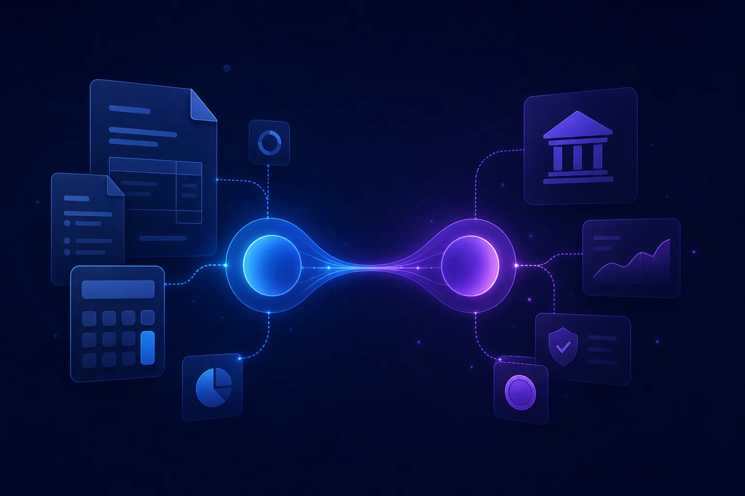 Bankkoppeling boekhoudprogramma uitgelegd Abstracte illustratie van gekoppelde financiële iconen en factuurvormen die een bankkoppeling in boekhoudsoftware symbolisere