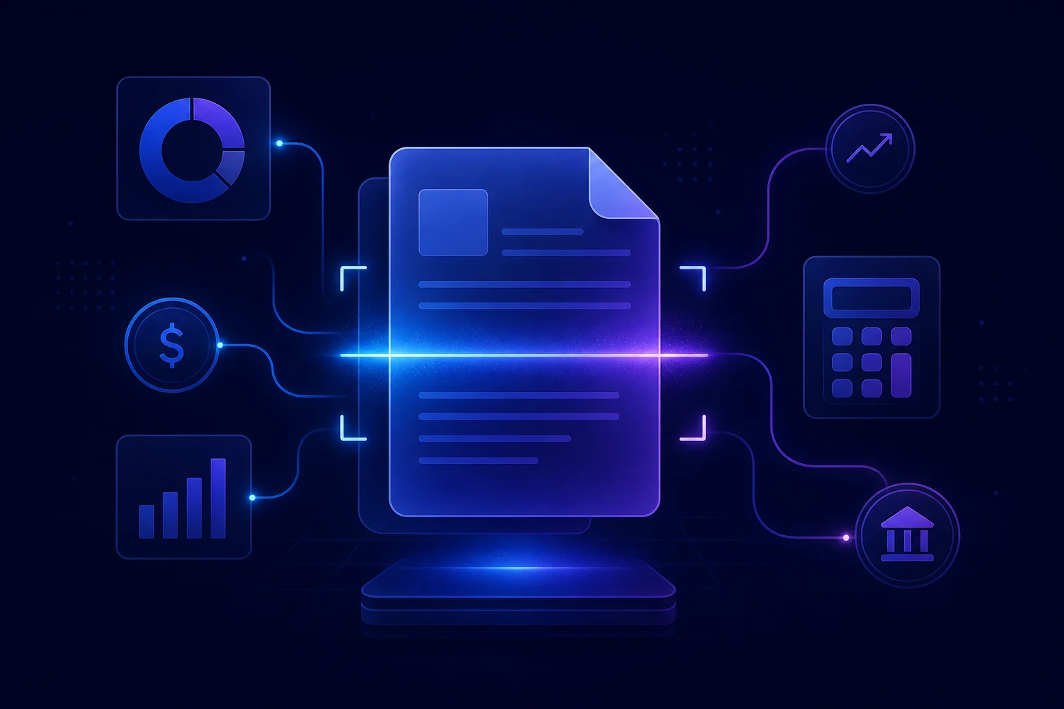 Scan en herken software voor boekhouding Abstracte illustratie van gescande factuurdocumenten en rekenmachine-iconen in blauw-paarse gradiënt