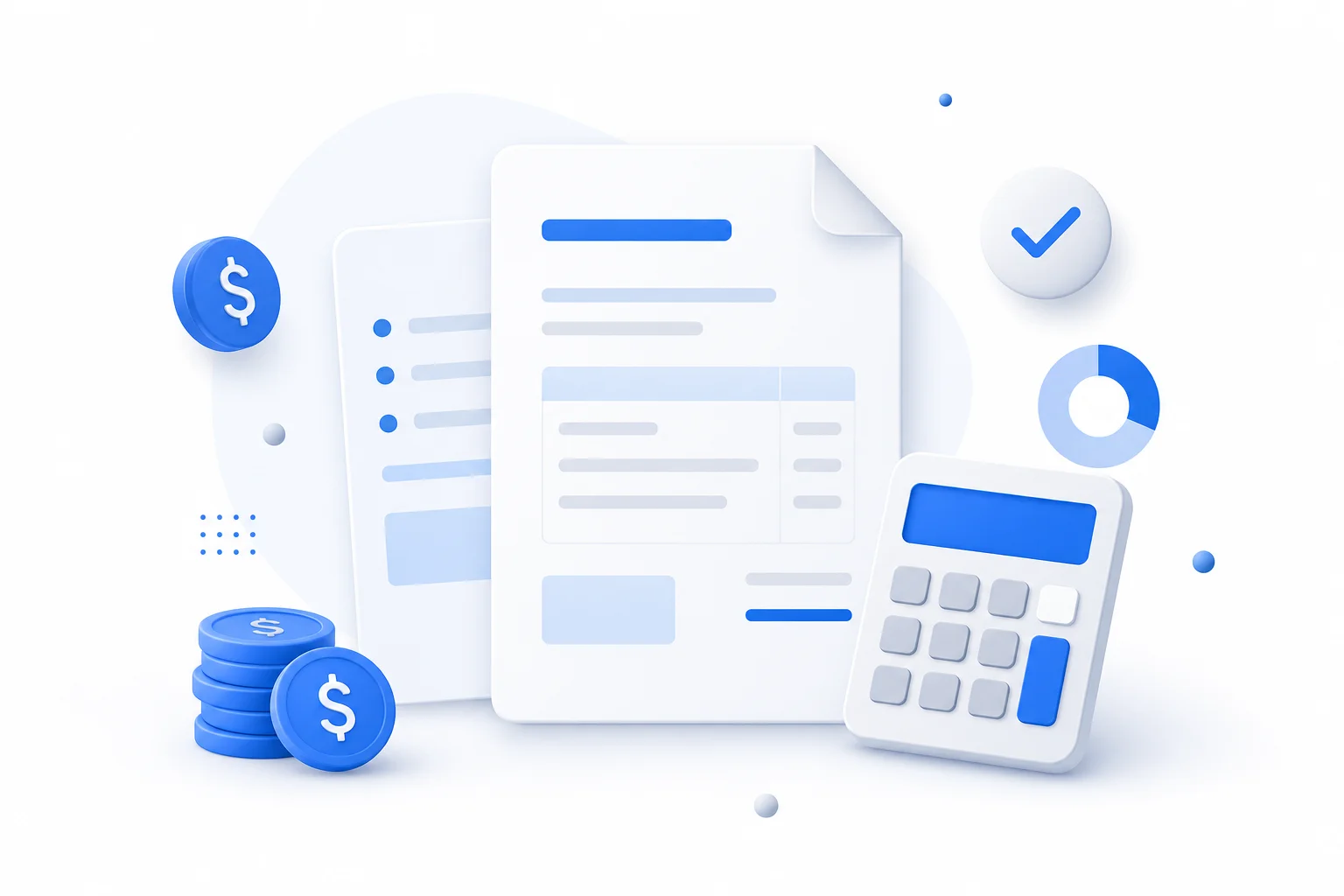Vergelijking van gratis boekhoudsoftware opties Abstracte illustratie van facturen, een rekenmachine en financiële iconen symboliseert boekhoudsoftware vergelijking