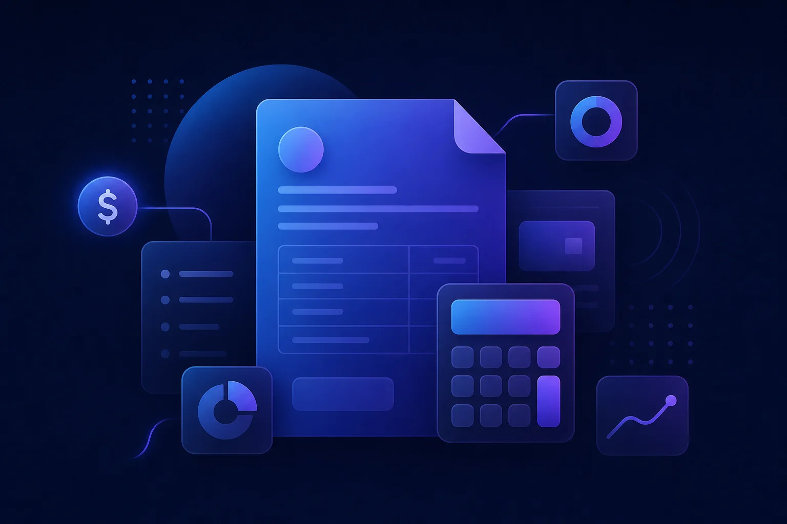 Vergelijking gratis boekhoudsoftware opties Abstracte illustratie van factuurdocumenten, rekenmachine en financiële iconen in blauw-paarse kleuren op donkere achtergrond