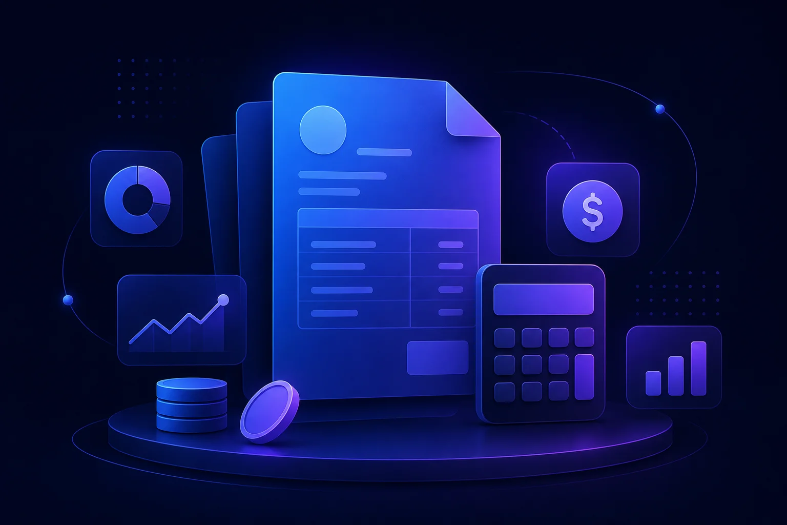 Boekhoudsoftware voor administratiekantoren vergelijken Abstracte illustratie van facturen, rekenmachine en financiële iconen in blauw-paarse tinten voor boekhoudsoftware