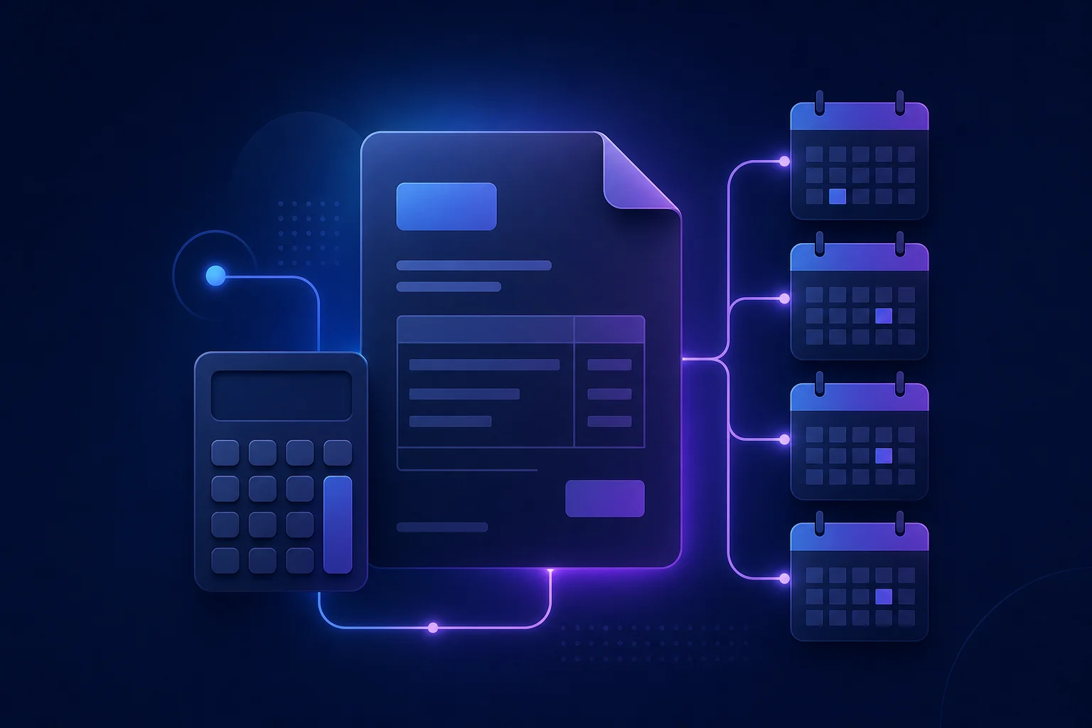 Kwartaalaangifte BTW visueel weergegeven met financiële iconen Abstracte illustratie van factuurdocumenten, rekenmachine en kalenderpictogrammen in blauw-paarse tinten