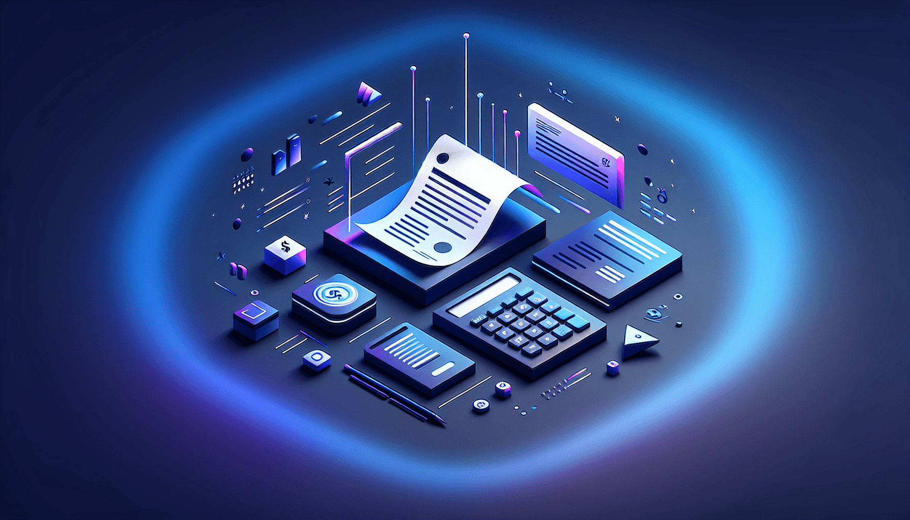 BTW aangifte software tools vergelijking - visuele header Abstracte illustratie met BTW documenten, rekenmachine iconen en financiële elementen in blauw-paarse tinten