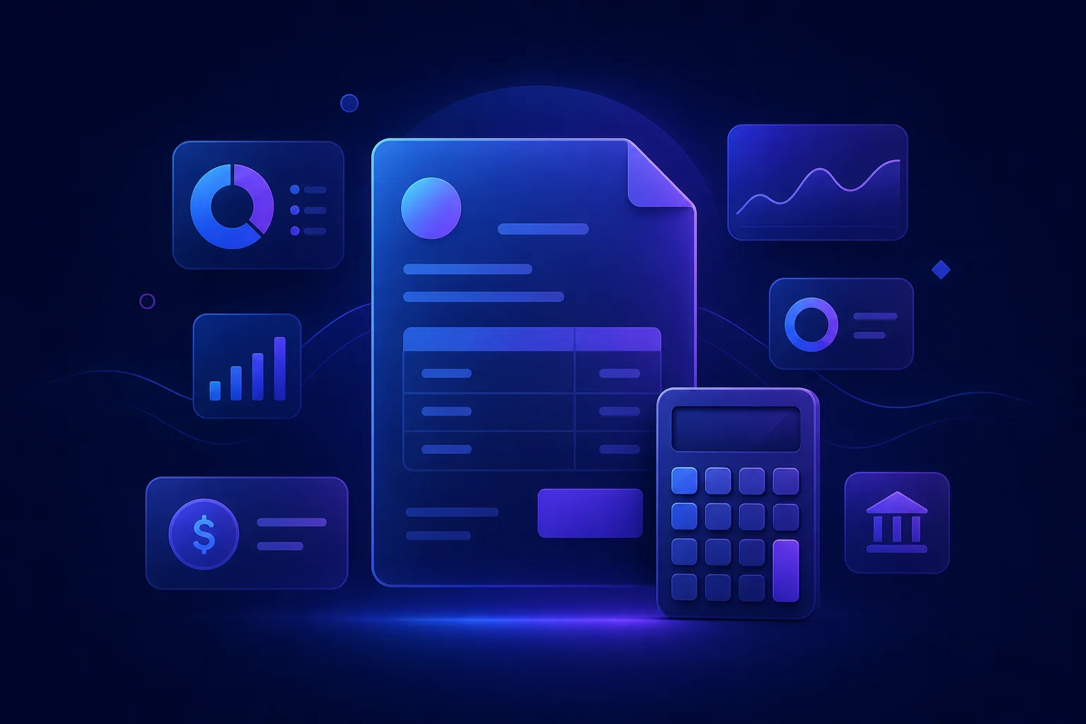 BTW aangifte voor ZZP'ers: overzicht en software Abstracte illustratie van factuurdocumenten, rekenmachine-icoon en financiële UI-elementen in blauw-paarse gradiënt