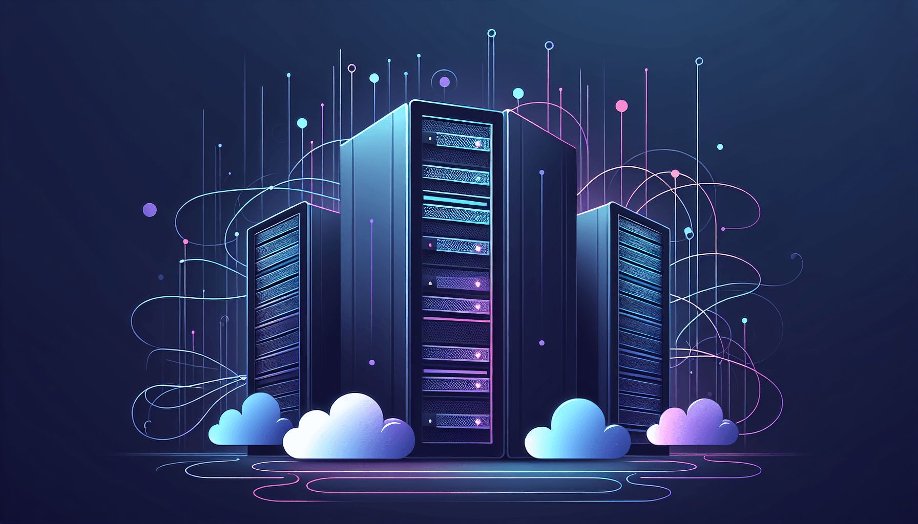 Cloud hosting providers Nederland vergelijking illustratie Abstracte serverracks en cloud vormen met data stromen in blauw-paarse kleuren voor cloud hosting Nederland