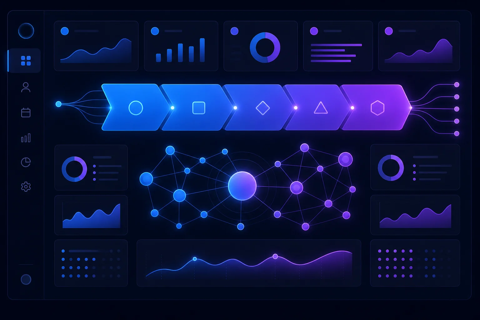CRM dashboard visualisatie met klantrelatie-netwerk Abstract dashboard met pipeline stappen en verbonden klantnetwerk-knooppunten in blauw-paarse gradient