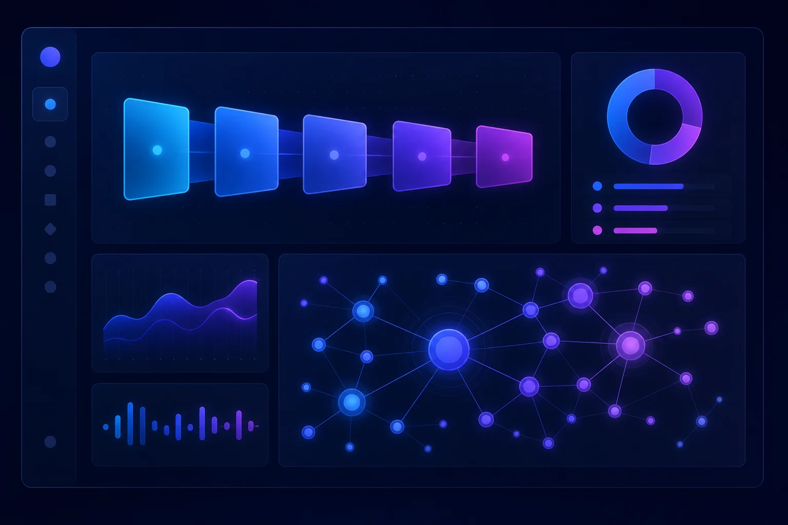 Overzicht van een modern CRM dashboard met pijplijn en klantconnecties Abstract dashboard met pipeline-balken en verbonden knooppunten in blauw-paars verloop op donkere achtergrond