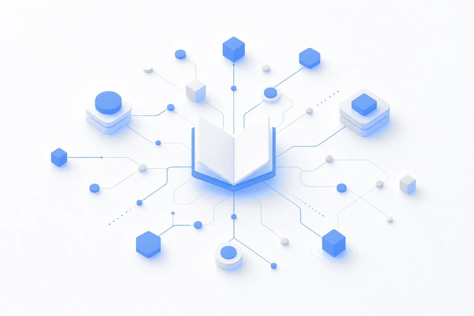 AI-tool voor literature review: visuele weergave van slimme documentan Abstracte illustratie van een neuraal netwerk verbonden met documentpictogrammen, symbool voor AI-tools voor literatuuronderz