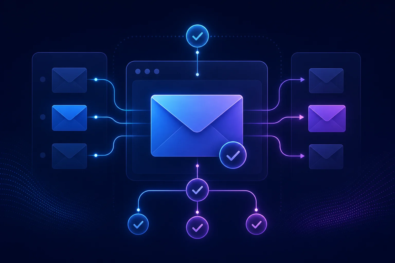DMARC e-mailbeveiliging visueel weergegeven Abstracte envelop-iconen met verbonden verificatie-stromen symboliseren DMARC e-mailauthenticatie