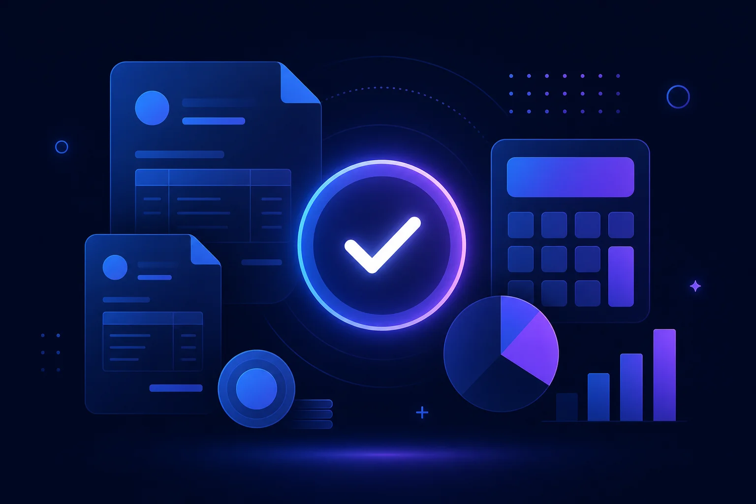 Jaarafsluiting boekhouding visueel weergegeven met financiële iconen Abstracte illustratie van factuurdocumenten, rekenmachine-iconen en financiële symbolen in blauw-paarse tinten