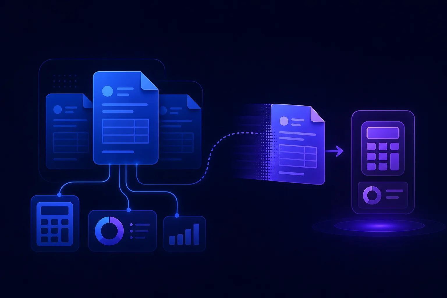 Overstappen van boekhoudsoftware: visuele weergave Abstracte illustratie van facturen en rekenmachine-iconen die loskoppelen, symbool voor boekhoudsoftware opzeggen