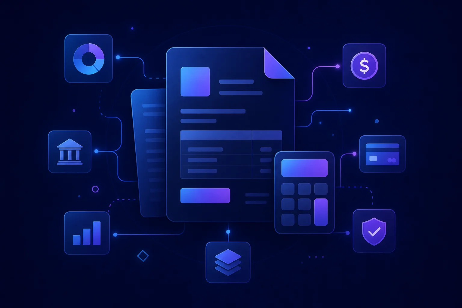 Boekhoudsoftware visualisatie met factuur- en rekenmachine-iconen Abstracte illustratie van factuurvormen, rekenmachine en financiële iconen in blauw-paarse tinten