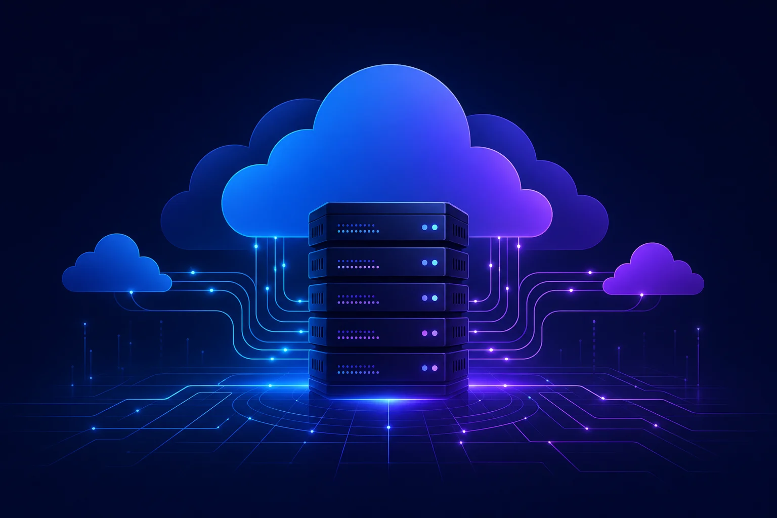 Illustratie van gratis hosting infrastructuur in blauw-paars Abstracte serverrack- en wolkvormen met blauw-paarse datalijnen symboliseren gratis website hosting opties
